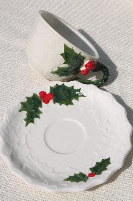 Vintage Lefton Christmas Holly White China Cups And Saucers Hand Painted