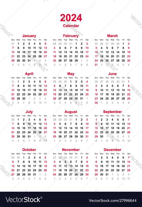 Calendar 2024 12 Months Yearly Calendar Vector Image