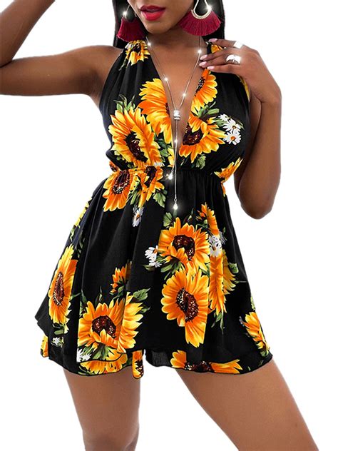Eyicmarn Womens V Neck Sunflower Print Dress Spaghetti Strap Casual