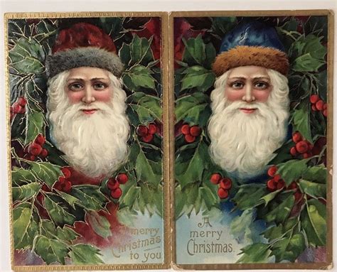 Lot Of 2 Santa Claus With Holly Antique Embossed Christmas Postcards K