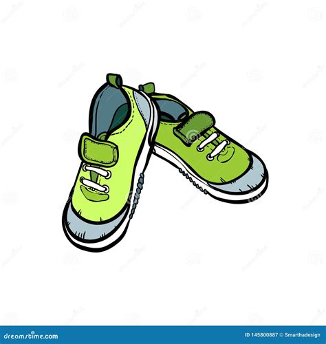 Sneakers Shoes Pair Isolated Hand Drawn Vector Illustration Of Green