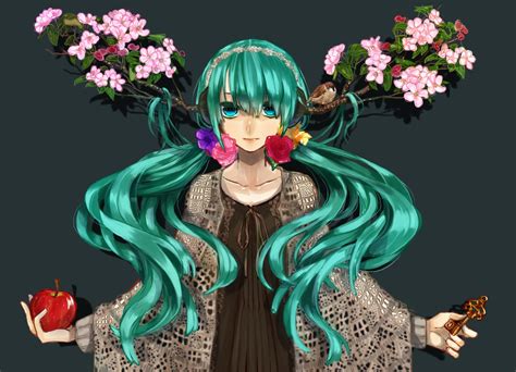 Apple Aqua Eyes Aqua Hair Cherry Blossoms Flowers Food Fruit Hatsune