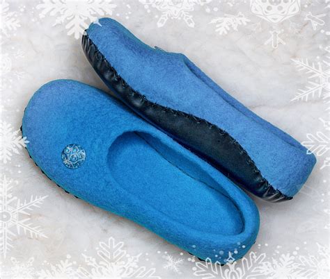Womens Felted Slippers With Leather Soles Blue House Etsy