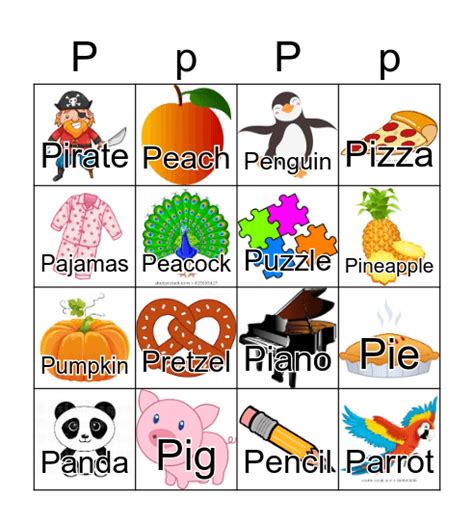 Letter P Bingo Card