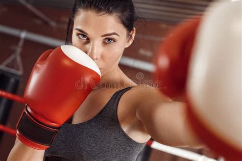 Boxing Woman Boxer In Gloves Practicing Hit On Ring Close Up Stock
