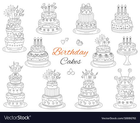 Birthday Cakes Set Hand Drawn Doodle Royalty Free Vector