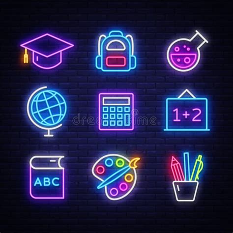 School Neon Icons Set Back To School Neon Signs Design Template