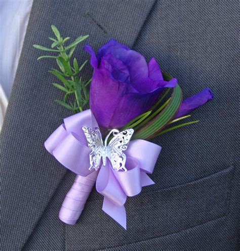 Grooms Purple Silk Lisianthus And Silver Butterfly Wedding Day Buttonhole