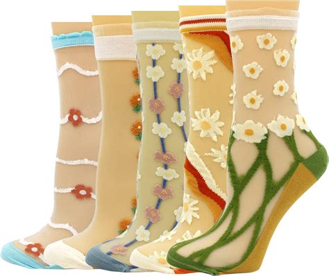 Amazon Com Women S Sheer Ankle Socks Pairs Flowers Lovely Novelty