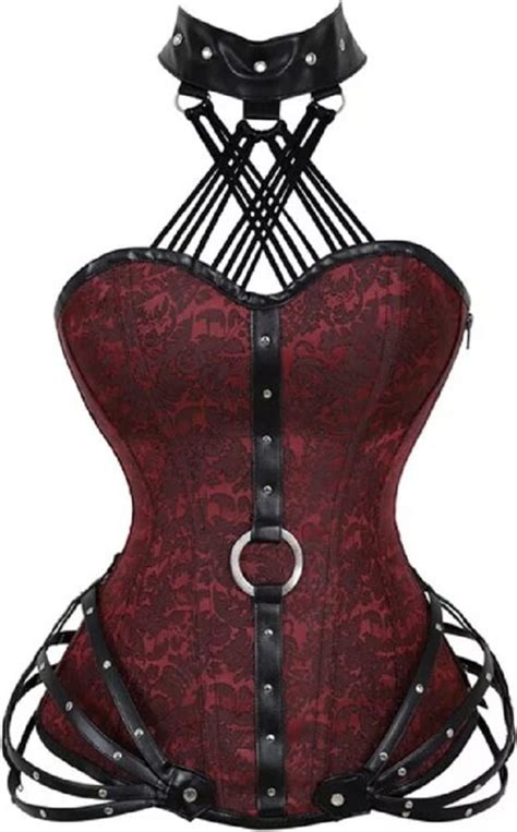 generic top totty sexy julie burgundy erotic gothic choker corset top neck hanging with steel