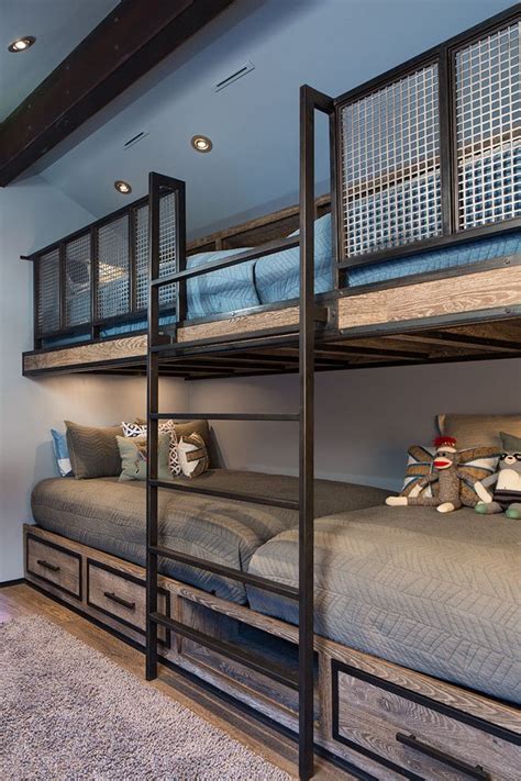 From a triple decker to bunk beds with an extra trundle, there are great options to sleep several. Built in Bunk Beds for a Rustic Kids with a Blue Bedding ...