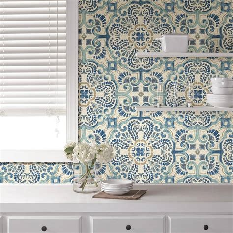 Nuwallpaper Blue Florentine Tile Peel And Stick Wallpaper Sample