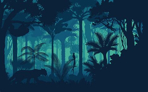 Vector Evening Tropical Rainforest Jungle Background With Jaguar Sloth