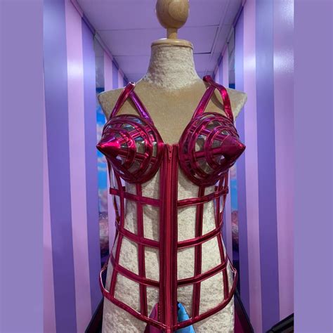 Hot Pink Vogue Pvc Caged Corset With Cone Bra