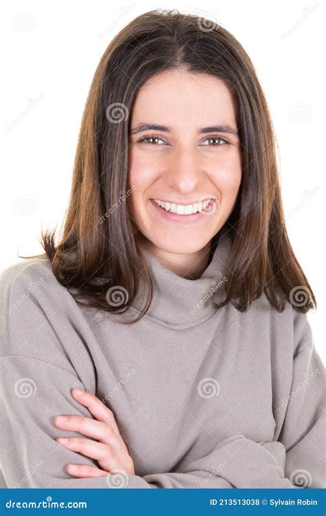 Young Woman With Beautiful Face Teeth And Brunette Hair Laughing On