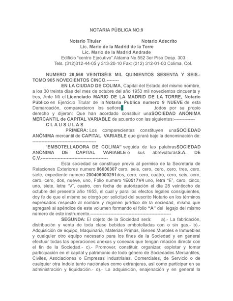 Ejemplo ACTA Constitutiva NOTARIA PÚBLICA NO Notario Titular Notario