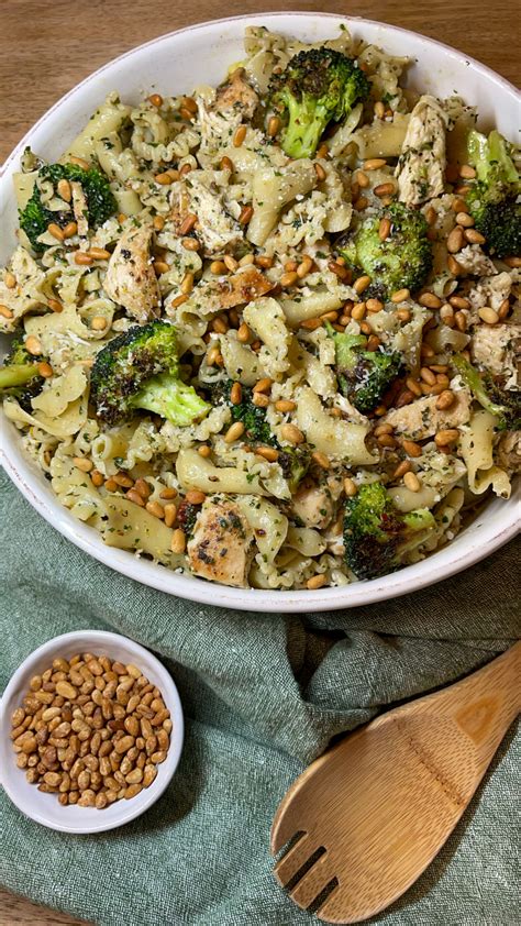 Chicken Pesto Pasta With Charred Broccoli And Toasted Pine Nuts Roots To Recipes