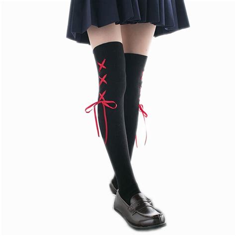 Japanese Harajuku Knee High Stockings Women Lace Up Cute Stockings 2019