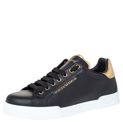 Dolce And Gabbana Blackgold Leather Lace Up Sneakers Size 40 Dolce