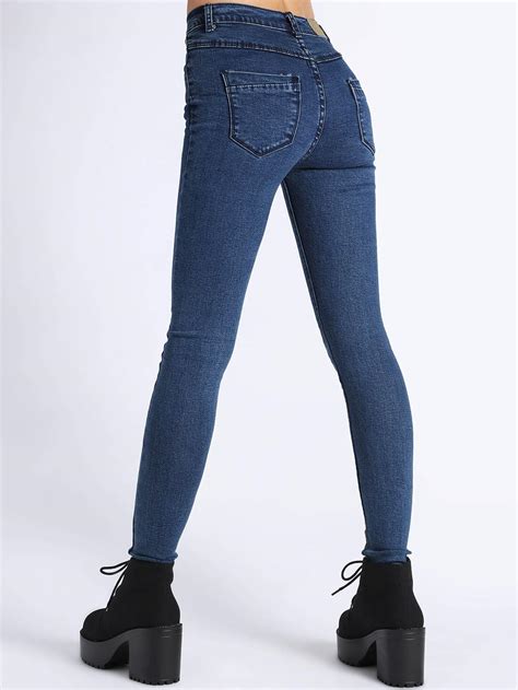 Pantalon En Denim Skinny Avec Poches Bleu Marine Spanish Sheinsheinside