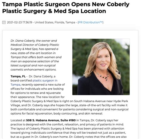 Tampa Plastic Surgeon Dana Coberly Md Opens New Location