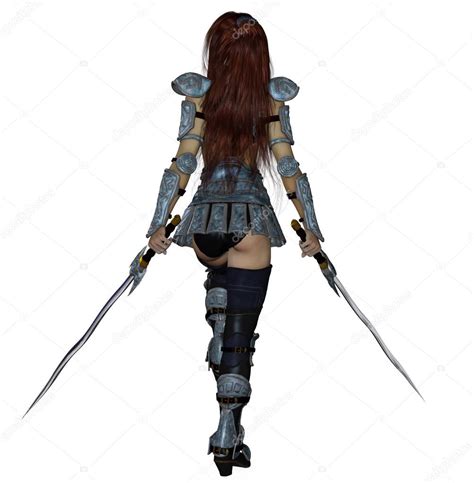 Brunette Warrior Dual Wielding Swords In Intimidating Pose Stock Photo