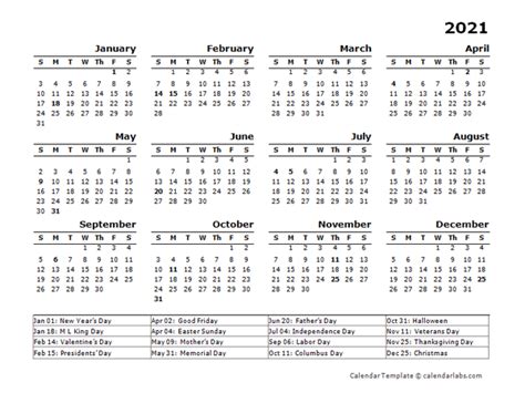2021 Year Calendar Template With Us Holidays Free Printable Templates