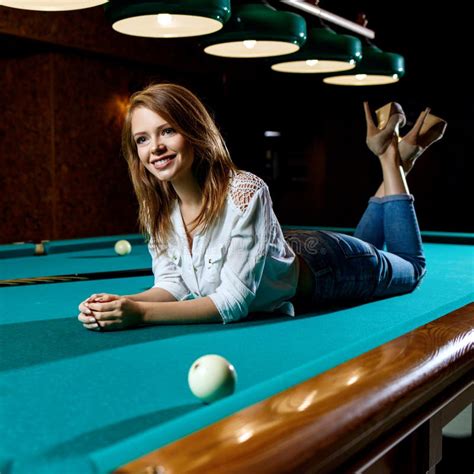 Young Woman Lying On The Green Billiard Table Stock Image Image Of