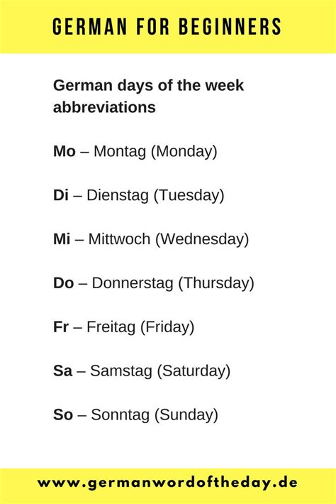 The German Days Of The Week Are Shown In Yellow And Black With Words