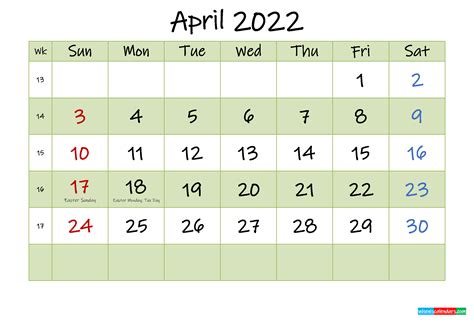 April 2022 Calendar With Holidays Printable Template K22m448