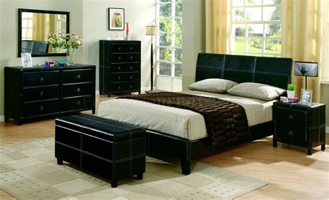 Black Bycast Leather Contemporary 5pc Bedroom Set Wstitchings