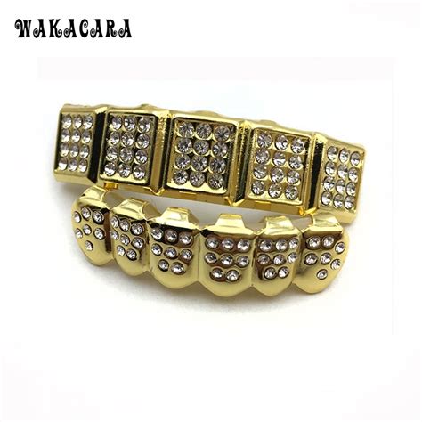 Wakacara Gold Color Iced Out Teeth Grillz Top Bottom Tooth Caps Hip Hop