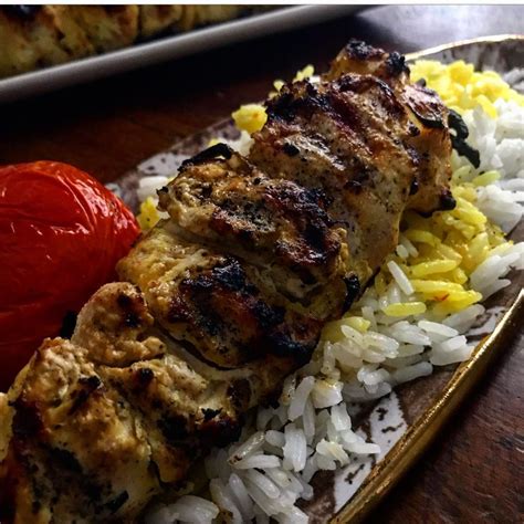 Persian Chicken Kabob Joojeh Kabob With Grilled Tomato And White And