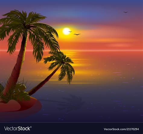 Romantic Sunset On Tropical Island Palm Trees Vector Image
