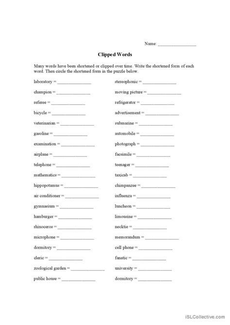 Clipped Words English Esl Worksheets Pdf And Doc