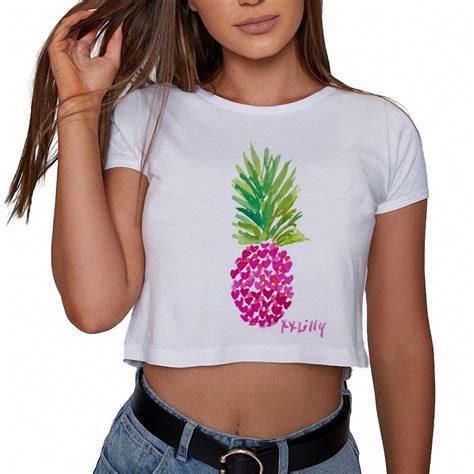2018 New Hipster Crop Tops Summer Cut Shirt Cute Lilly Pink Hearts Pineapple Printed Women Tee
