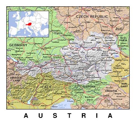 Detailed Political Map Of Austria With Relief Austria Europe