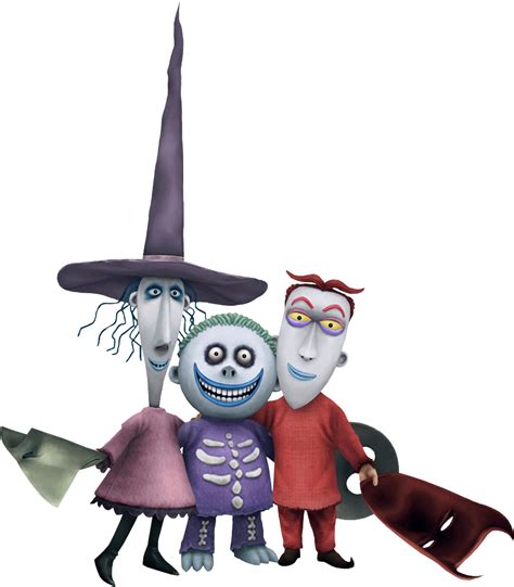 Three Cartoon Characters Dressed In Halloween Costumes And Hats