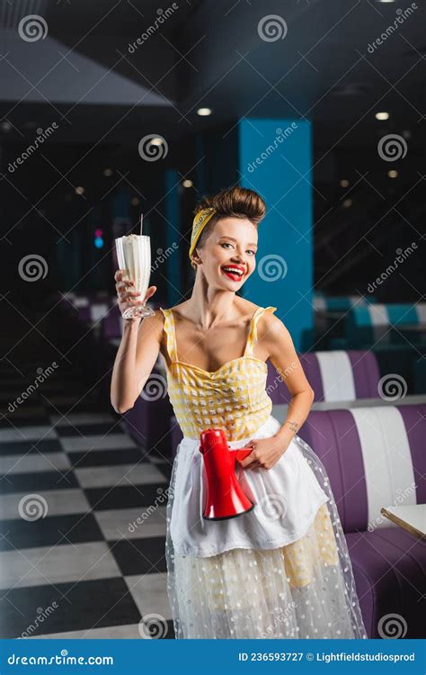 Happy Pin Up Waitress Holding Megaphone Stock Image Image Of Indoors