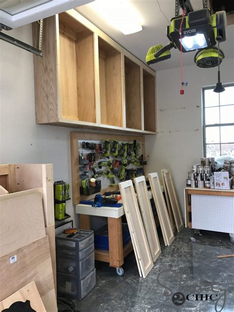 The wooden overhead garage storage shelves are designed to fit into that unused space above the garage doors (you need 16 in. DIY Cabinets For A Garage, Workshop or Craft Room ...