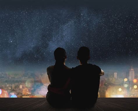 Romantic Night Couple Girl And Boy Watching In The Star Sky Love