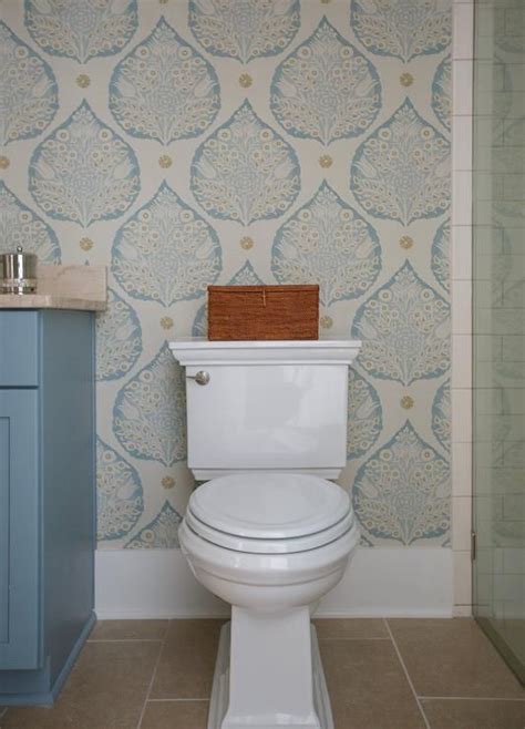 Powder Room With Gold And Blue Lotus Wallpaper Transitional