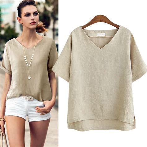 Cotton Linen T Shirts For Women Brief Casual T Shirt Female Large Size V Neck Short