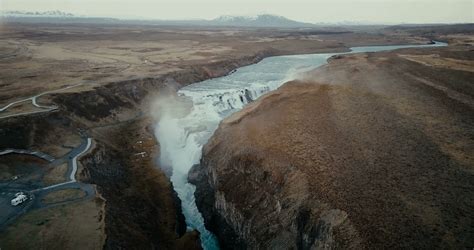 Aerial View Of The Scenic Landscape In Iceland Waterfall Gullfoss In