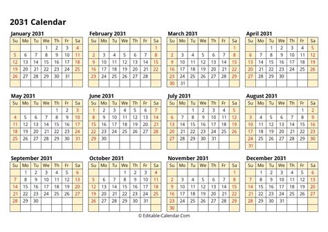 Download Editable Calendar 2031 Weeks Start On Sunday