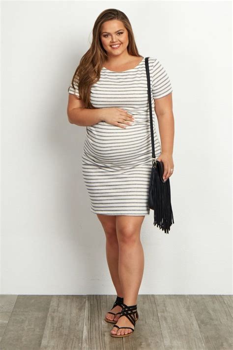 Grey Striped Fitted Short Sleeve Plus Dress Plus Size Maternity