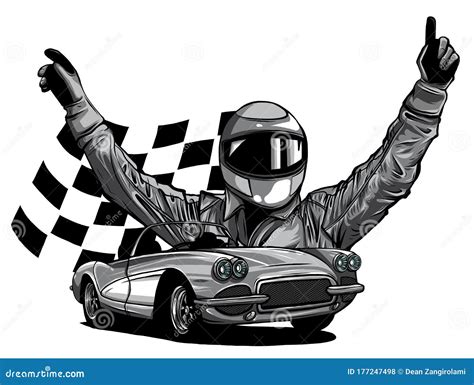 Monochromatic Vector Illustration Of A Race Car Driver In Front Of His