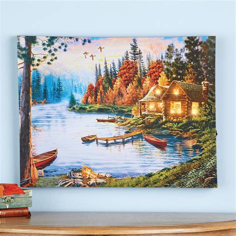 Peaceful Led Lighted Log Cabin Canvas Wall Art Collections Etc