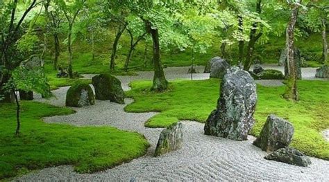 Japanese Garden With Boulders And Mosses Growing Moss In An Outdoor