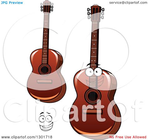 Clipart Of A Cartoon Happy Face And Acoustic Guitars Royalty Free